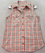 Bit &amp; Bridle Shirt Womens Medium Orange Teal Plaid Sleeveless Collar But... - $23.08
