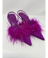 Zara Pink Satin Kitten Heel Sling Back Shoes Feathered Size 6 - $65.08 CAD