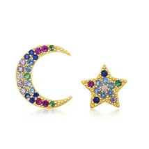 Gold Plated Sterling Silver Crescent Moon and Shiny Star Rainbow CZ Studs - $42.74