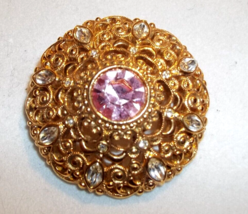 Striking Domed Gold Filigree Pin With Pink Center and Sparkly Marquis St... - $9.89