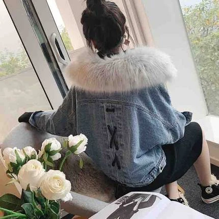 2019 Winter Women Denim Jacket   Collar Chic Ladies Coats Big Pocket Plus Velvet - £162.13 GBP