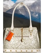 MARINO ORLANDI ITALIAN DESIGNER CREAM FLOWER EMBOSSED LEATHER SATCHEL BA... - $419.99