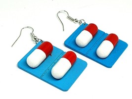 Pill Tablet Earrings Korean Harajuku Wooden Novelty Faux Medicine Blue R... - $4.77