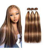 4 27 Straight Hair Bundles Brazilian Human Hair Extensions Brown Highlight - £44.86 GBP+