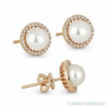 Freshwater Pearl and 0.16ct Round Diamond Stud Earrings 14k Rose Gold Halo Studs - £292.99 GBP