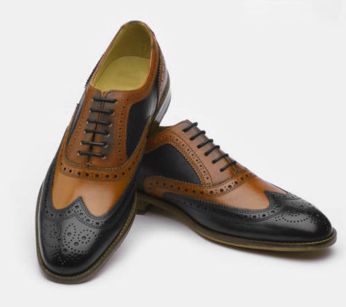 Men Black Brown Cont Brogue Toe Wing Tip Custom Genuine Leather Shoes US 7-16