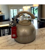 Rae Dunn &quot;Warm Wishes&quot; Gold Tea Kettle 2.5 Quart White Brown Christmas NEW - $38.77
