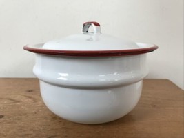 Vintage Antique White Red Enamel Enamelware Cooking Wash Bowl Pan Basin ... - $36.99