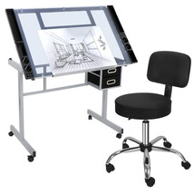 Drafting Table Craft Station Glass Top With Hydraulic Salon Stool Chair - £159.06 GBP