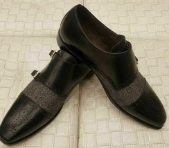 Men&#39;s Handmade Genuine Black Leather And Wool Dress Fabric Double Monk Shoes 201 - £114.68 GBP