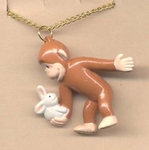 Funky Curious George Pendant Necklace w- Bunny Monkey Toy Charm Costume Jewelry - £7.21 GBP