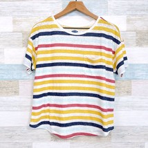 Old Navy Linen Blend Easy Crew Neck Tee White Yellow Striped Womens Medium - £15.59 GBP