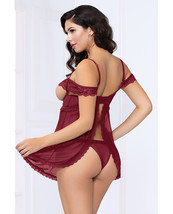 Lace &amp; Mesh Open Cups Babydoll W/fly Away Back &amp; Panty Wine Lg - £14.74 GBP
