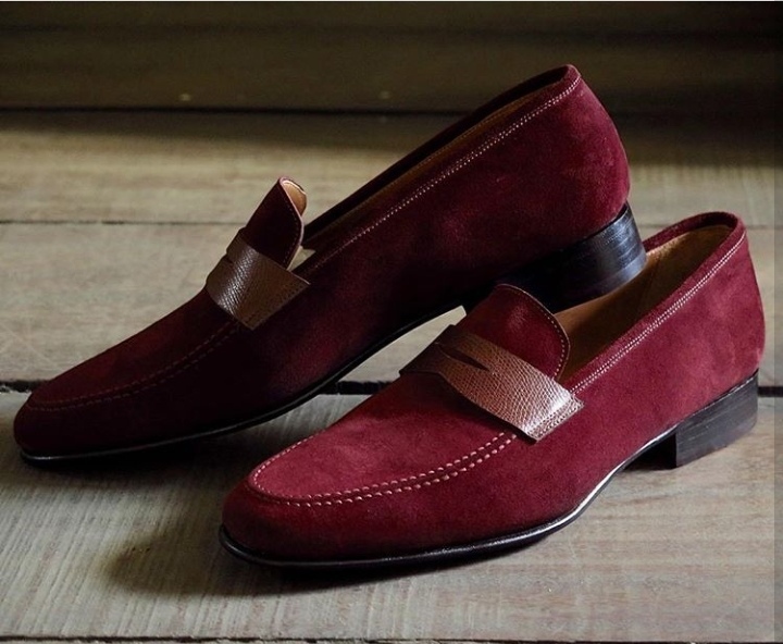Men's Handmade Maroon Suede Shoes Men's Penny Loafers Slip On Moccasin Shoes