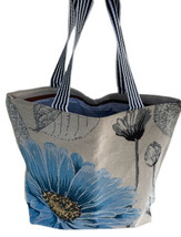 Blue Peony Flower Beige Large Tote Book PC Bohemian Style Canvas Beach Bag - £17.83 GBP