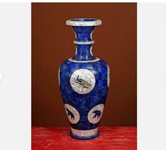 21&quot; Handmade Marble Flower Vase Pot with Lapis Mosaic Pattern Peacock Design - £1,973.83 GBP