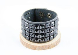 Wide Punk Rivet Leather Bracelets Rock 4 Rows Square Nails Wristband Adjustable  - £10.40 GBP