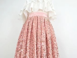 BLUSH PINK Sequin Skirt Outfit Romantic Pleated Midi Wedding Sequined Skirts  image 3