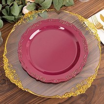 Burgundy 10 Round 10&quot;&quot; Plastic Salad Plates Embossed Scalloped Rim Party Events - £9.44 GBP