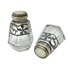 ANTIQUE Glass Salt Pepper Shakers MOTHER OF PEARL SILVER OVERLAY Art Nou... - £33.02 GBP