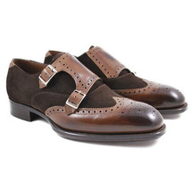 new Handmade Brown Leather Suede Wing Tip Shoes, Double Monk Shoes, Men Straps S - £112.78 GBP