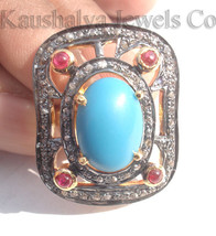 Victorian 2.02ct Rose Cut Diamond Turquoise Ruby Elegant  Wedding Ring - $472.95