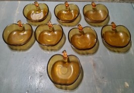 Vintage Amber Glass Apple Bowl Dessert Serving Dish Decorative MCM 4.5&quot; Set 8 - £33.35 GBP