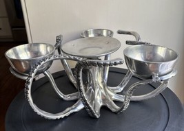 Octopus Silver Pewter Metal 3 Chip Dip Nut Bowl Serving Centerpiece 15” - £34.02 GBP
