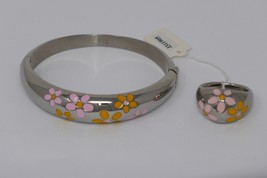9SQ Signed Designer Silver Tone Floral Flower Design Bracelet &amp; Ring Set - £35.39 GBP