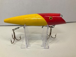 Vintage Large 7&quot; Solid Wooden Plug Fishing Lure Original Red/Yellow Paint Used - £55.72 GBP