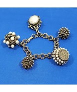 Vintage Bronze Charm Bracelet Victorian Punk Style Ornate Faux Pearl Bau... - $24.74