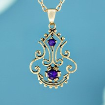 Natural Amethyst Vintage Victorian Style Filigree Pendant in Solid 9K Gold - £547.58 GBP