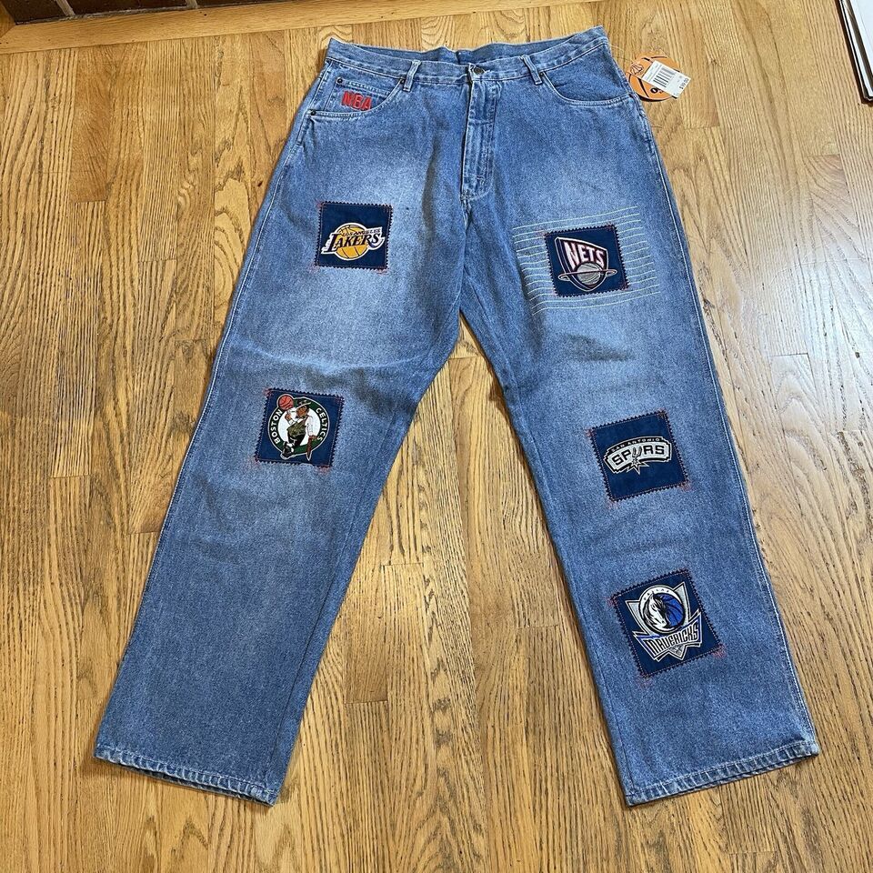 Unk Embroidered Basketball Patch Jeans NBA Team Logos Sz 36 x 32 NWT Vtg... - $87.75