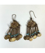Vtg Etruscan Revival Wire Cannetille Dangle Earrings Beads Coins Egyptian - $622.45 MXN