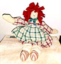 Vintage 13&quot; Raggedy Ann Doll Handmade Red Green Plaid Dress Cloth  - £14.78 GBP
