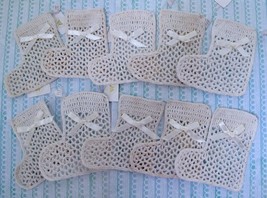 NOS Set/10 Vintage Crocheted Crochet Christmas Ornaments Stockings w Bow Ivory - £15.97 GBP