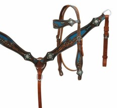 Western Saddle Horse Bling! Turquoise Leather Tack Set Bridle + Breast Collar - £78.97 GBP