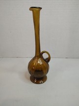 Vintage Art Glass Amber Swirl Hand Blown  9&quot; Tall Handled Pitcher Carafe - $21.49