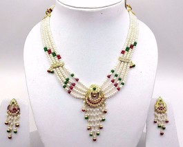 Indian Bridal Gold Pendant Set With Earring Set Ruby Emerald Beaded Necklace Set - £2,440.69 GBP