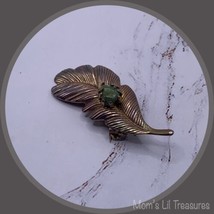 Detailed Leaf Feather Pin with Jade Stone Accent Brooch • Vintage Jewelry - £4.62 GBP