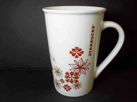 Starbucks abstract floral tapered coffee mug red tan on white  12 oz - £6.46 GBP