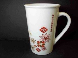 Starbucks abstract floral tapered coffee mug red tan on white  12 oz - $8.22