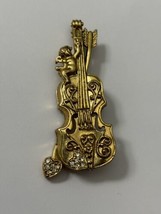 Vintage 1928 Violin Cherub Brooch with Rhinestones Gold Tone - £9.58 GBP