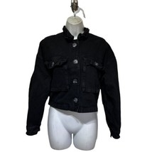 Bershka  Black Cropped Oversized Denim Jacket Patch Pockets Size S - £27.24 GBP
