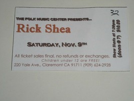 Rick Shea Concert Ticket Folk Music Center Claremont California - $14.99