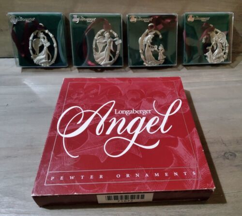 Primary image for Longaberger Pewter Hanging Christmas Ornaments Angels Set 4 1999 2'' Original 