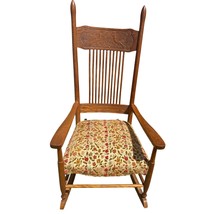  Antique Oak Rocking Chair w/ Carved Birds Back &amp; Floral Seat - Vintage ... - $237.49