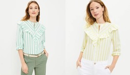 Ann Taylor LOFT Green Yellow Striped Ruffle Long Sleeve Button Blouse M Cotton - £27.96 GBP