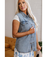 Beau Blue Denim Flap Pocket Curved Hem Shirt Vest - $477.41 MXN