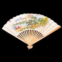 Vintage Bamboo And Paper Chinese Hand Folding Fan Printed Mountain Scene... - £7.00 GBP